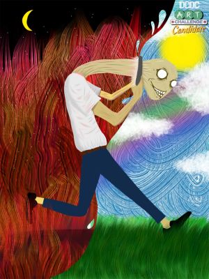 A highly stylized and unsettling illustration portraying an individual seemingly torn between two opposing realities.  The image is sharply divided down the middle: the left side is dominated by a dark, chaotic night setting with fiery red and black swirling textures, a crescent moon, and rain. The right side features a bright, cheerful day with a clear blue sky, fluffy clouds, and a yellow sun.  In the center, a lanky, pale figure wearing a white shirt and blue pants runs rightward. Their body appears to be stretching or being pulled across the divide. The figure&#039;s head, which has a wide, unsettling grin and large, staring eyes, is detached and held up by the hands, suggesting a forced or artificial presentation. The overall visual captures a profound sense of internal conflict or the strain of maintaining a façade in different social contexts.